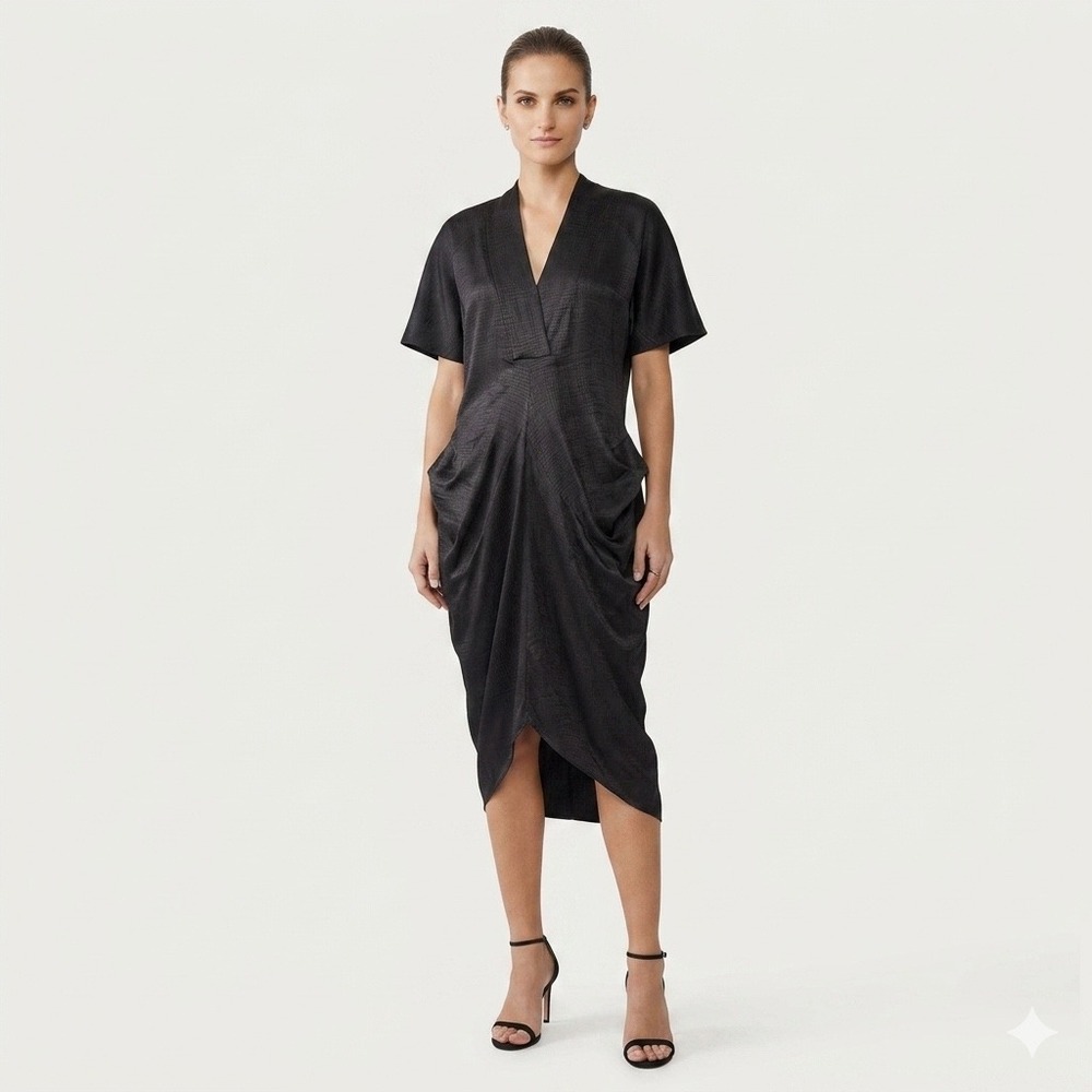 BCBGMAXAZRIA Runway Black 100% Silk Snakeskin Jacquard Ruched Midi Dress M LUX